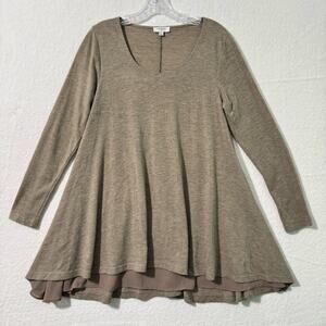 Umgee USA Heathered Latte Brown Knit Chiffon Embellished Tunic Top Women’s Small